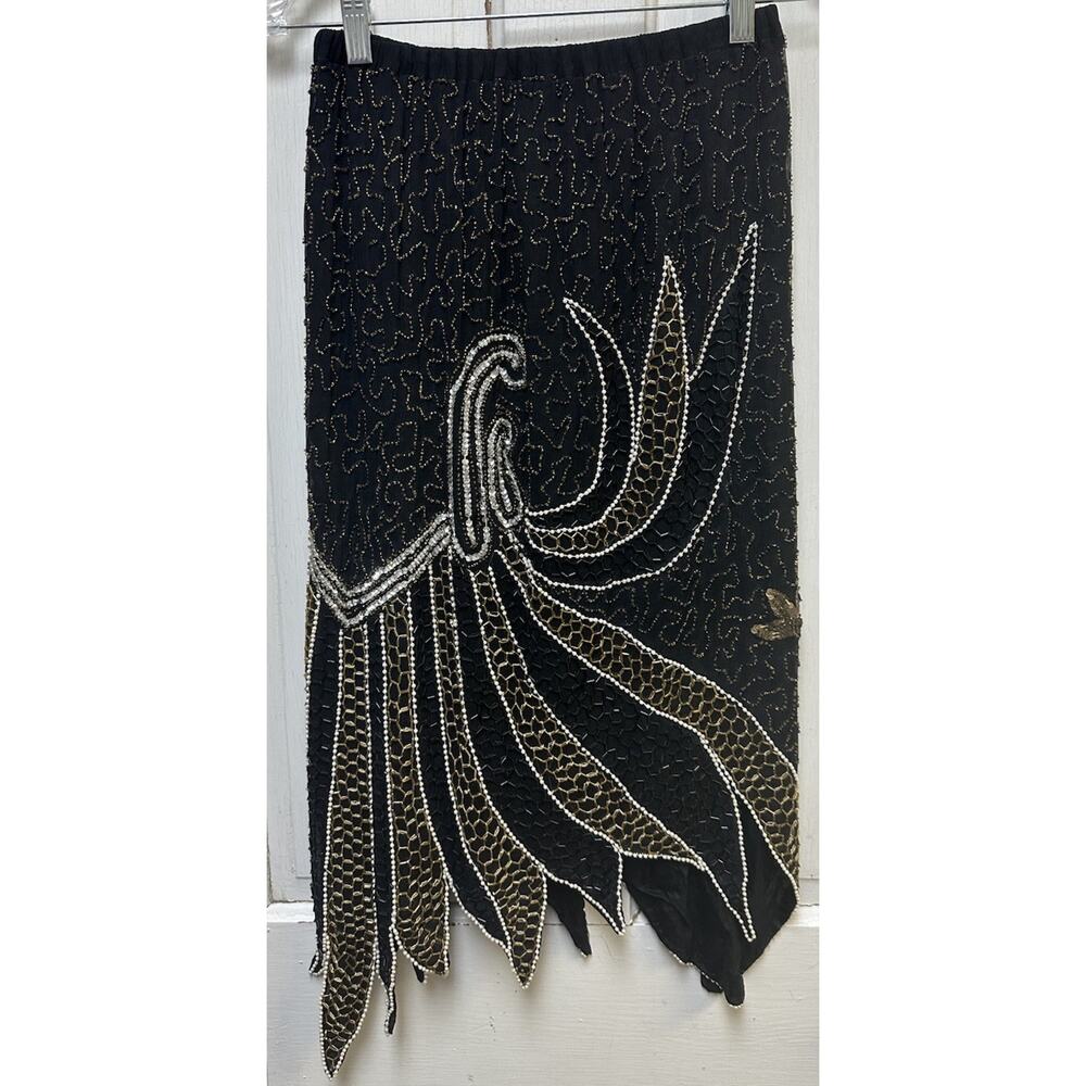 Vintage Made in India Sequin Beaded Knee Length Kirt Pull On Small Black